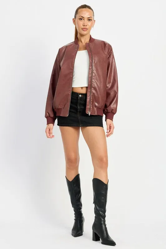 Vintage Burgundy Leather Bomber Jacket