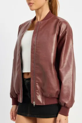 Vintage Burgundy Leather Bomber Jacket