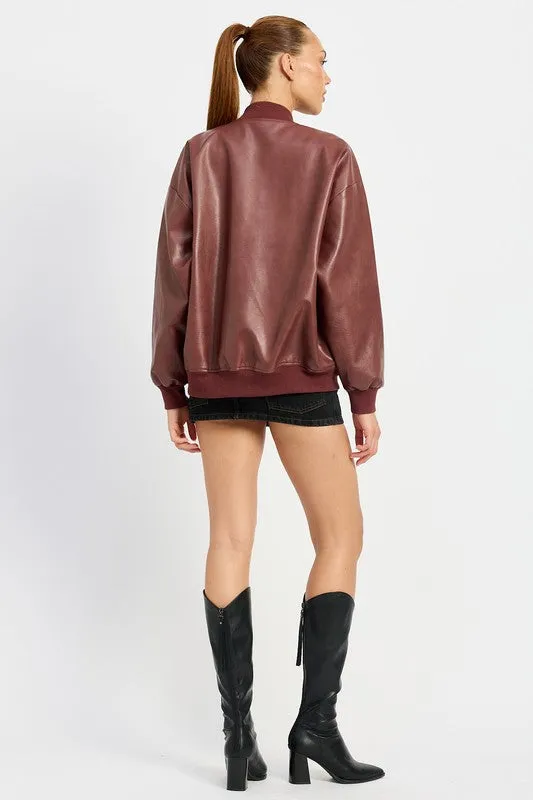 Vintage Burgundy Leather Bomber Jacket