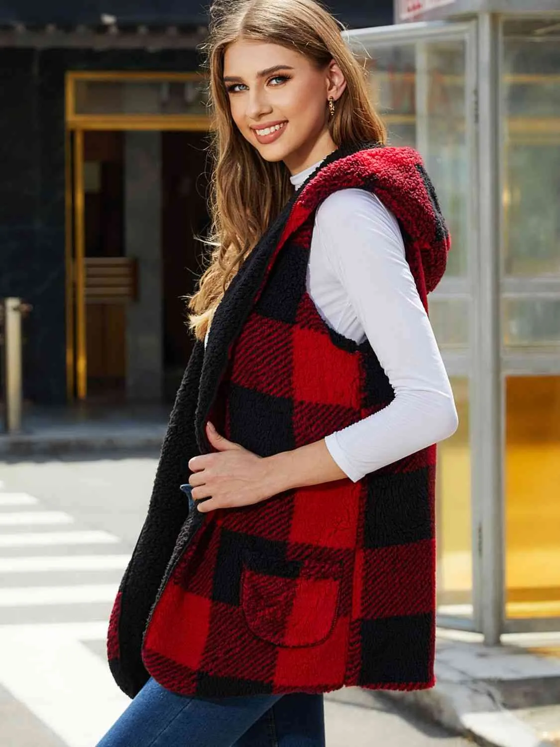 Women Plaid Hooded Vest