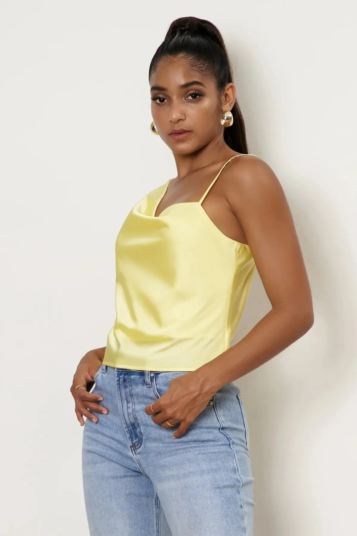 Women's Asymmetrical Cowl Neck Satin Tank Top