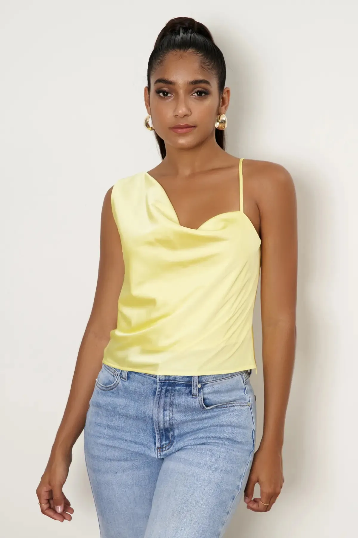 Women's Asymmetrical Cowl Neck Satin Tank Top