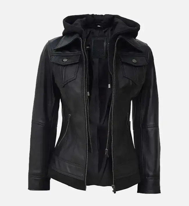 Women’s Black Leather Jacket With Hood