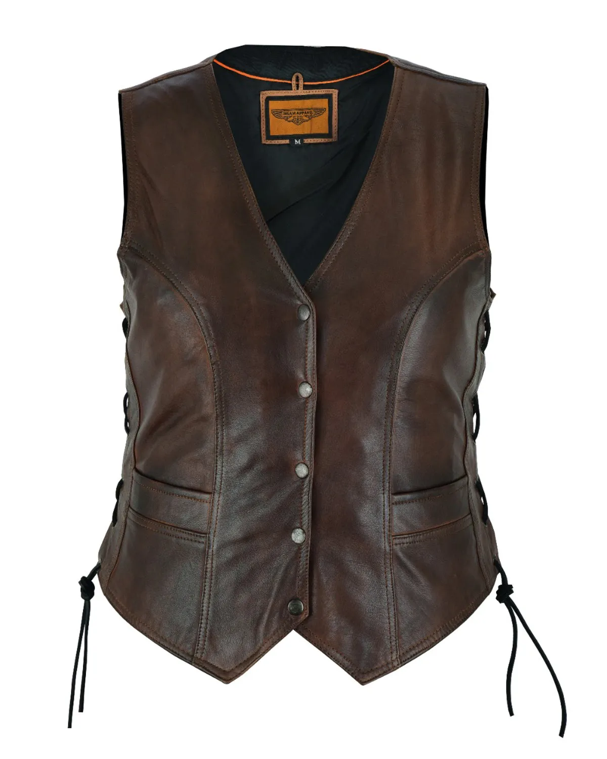 Womens Brown Cowhide Leather Motorcycle Vest Side Laces