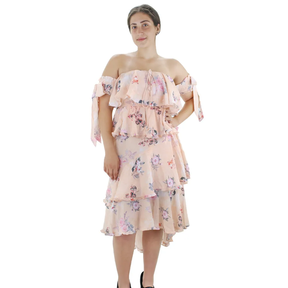 Women's Floral Chiffon Ruffle Dresss,Light Peach