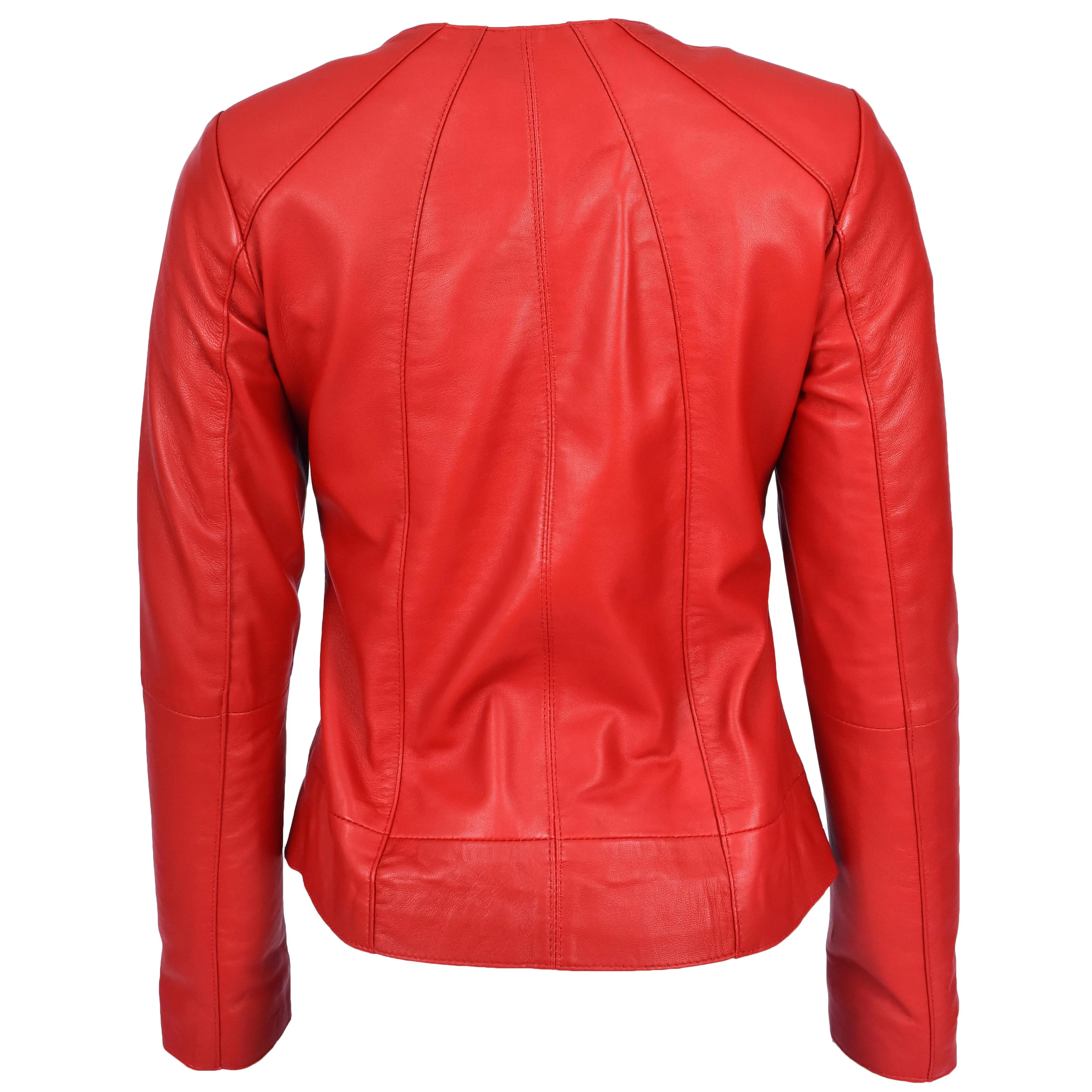 Womens Real Leather Collarless Jacket Classic Style Lottie Red