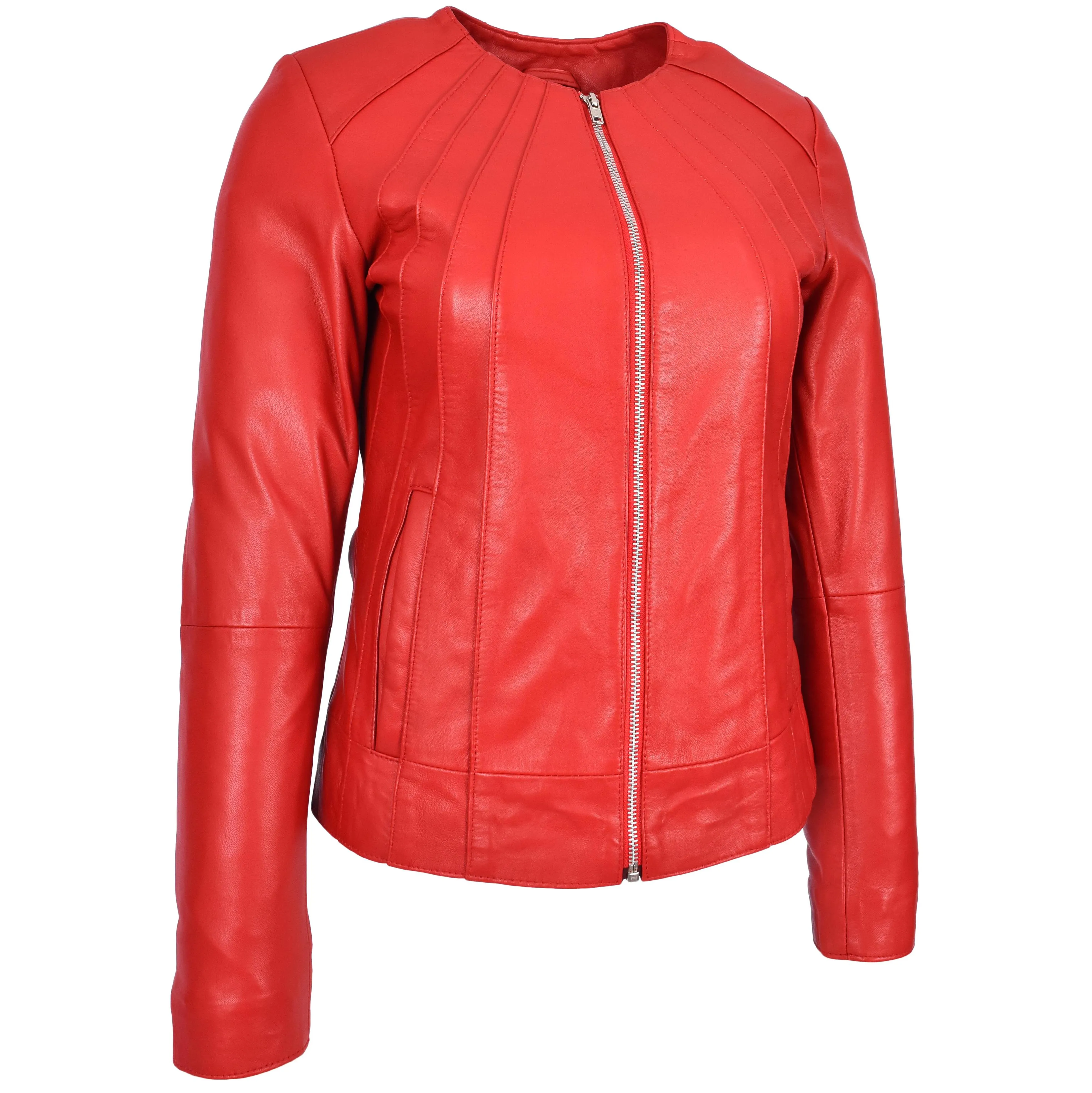 Womens Real Leather Collarless Jacket Classic Style Lottie Red