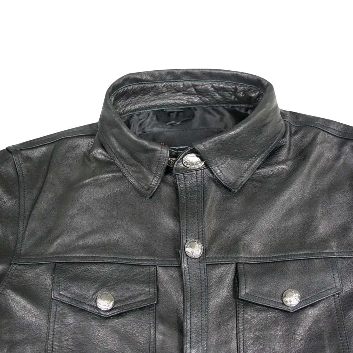 Xelement XS908B Black Leather Shirt for Men with Vintage Buffalo Buttons - Premium Genuine Light Weight and Durable Leather Shirt