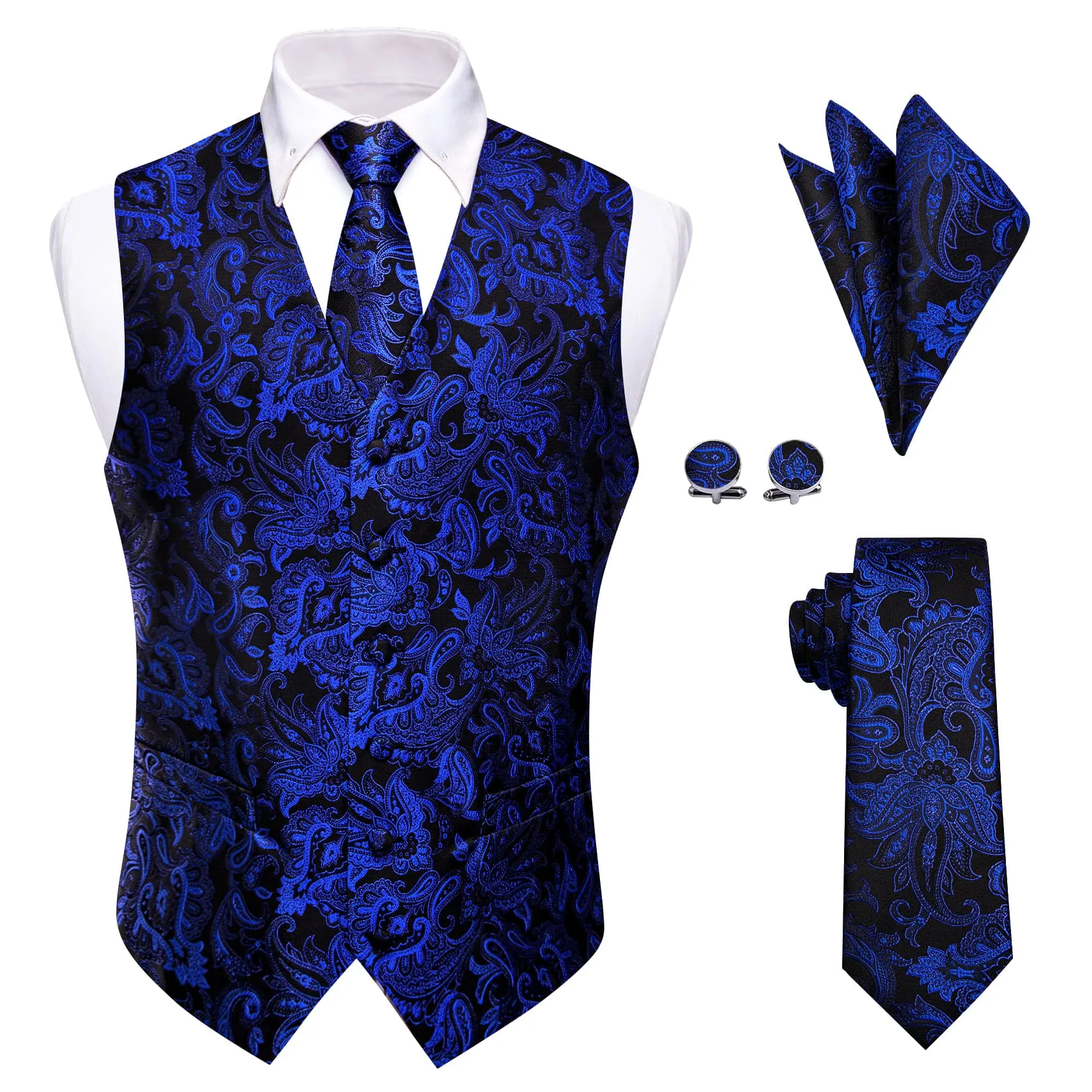 YourTies Deep Blue V-Neck Waistcoat Black Paisley Men Vest Necktie Set