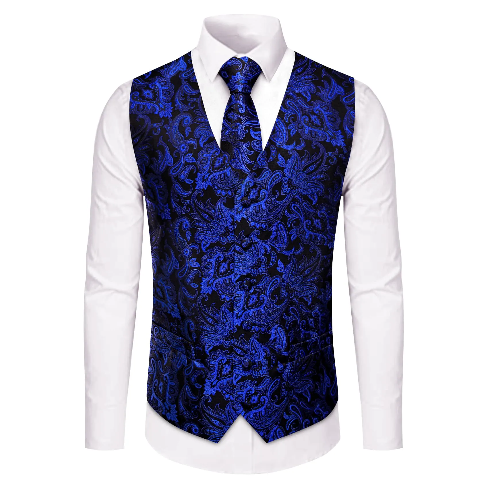 YourTies Deep Blue V-Neck Waistcoat Black Paisley Men Vest Necktie Set