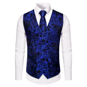 YourTies Deep Blue V-Neck Waistcoat Black Paisley Men Vest Necktie Set