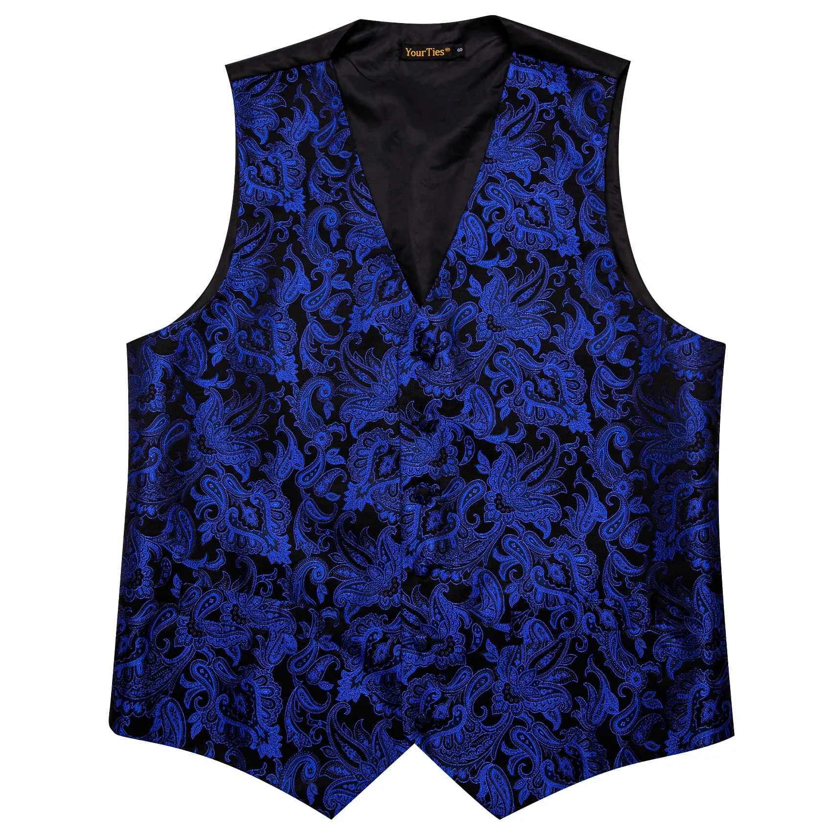 YourTies Deep Blue V-Neck Waistcoat Black Paisley Men Vest Necktie Set