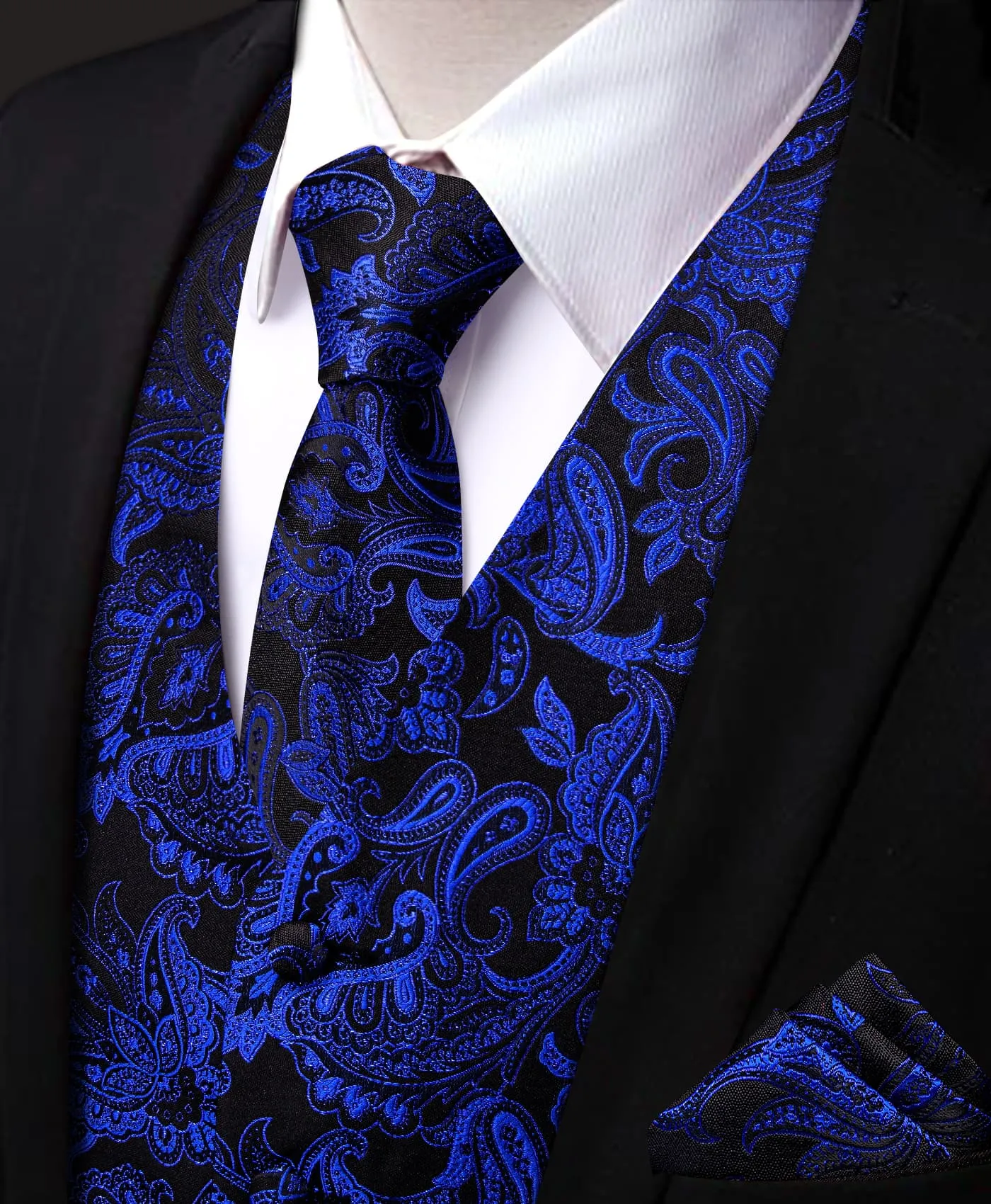 YourTies Deep Blue V-Neck Waistcoat Black Paisley Men Vest Necktie Set